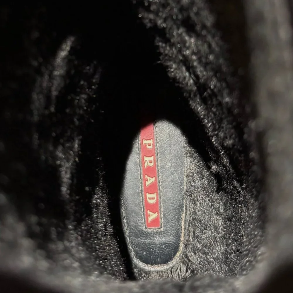 Prada Black Enamel Triangle Mid-Calf Rain Boots - Picture 13 of 14